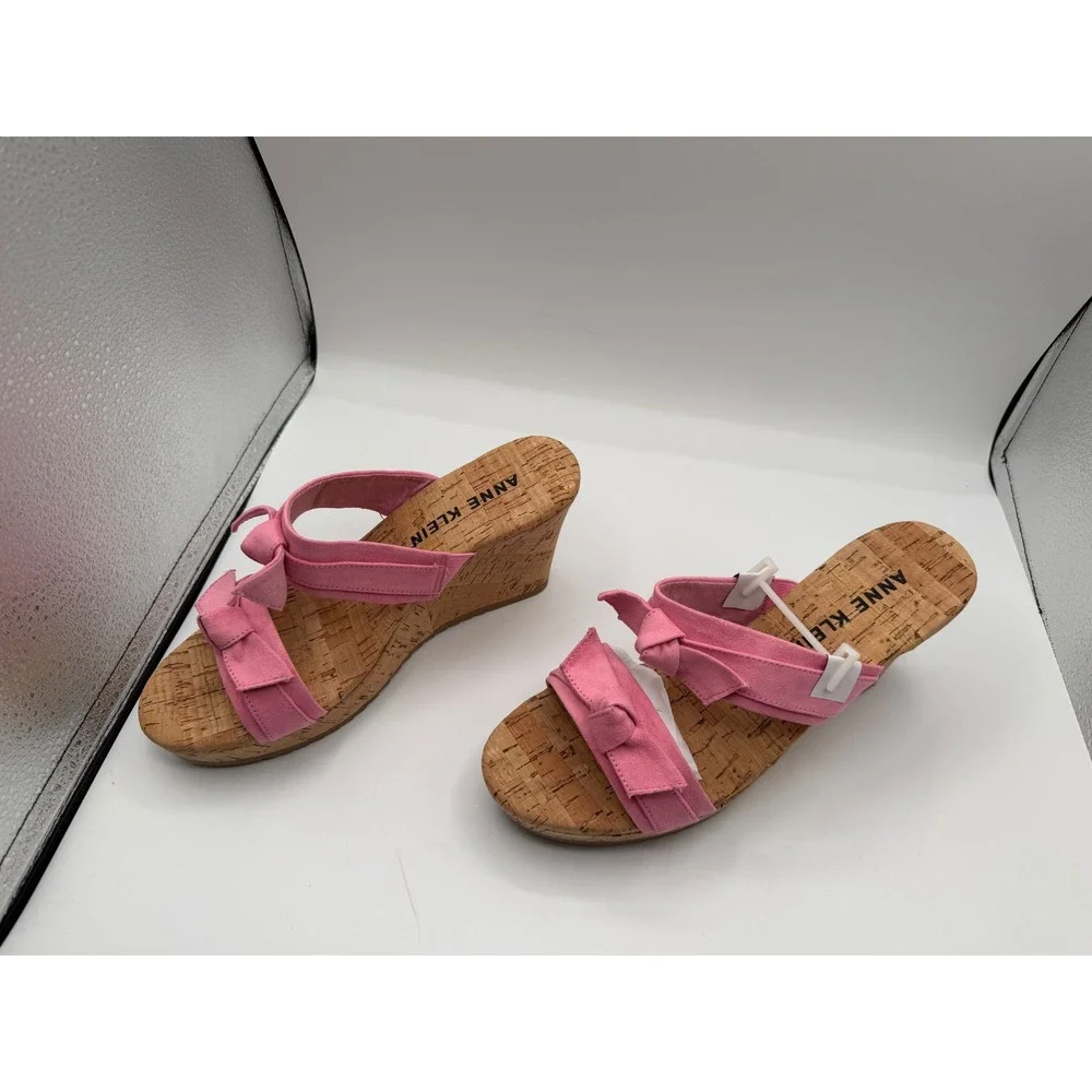 Anne Klein Pink Bow Cork‎ Wedge Sandals Womens Platform Slide Mules